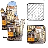 Lisbon Tram - Set di 4 guanti da forno e presine, resistenti al calore, impermeabili, con anello per appenderlo, per cucina, barbecue, grigliate all'aperto