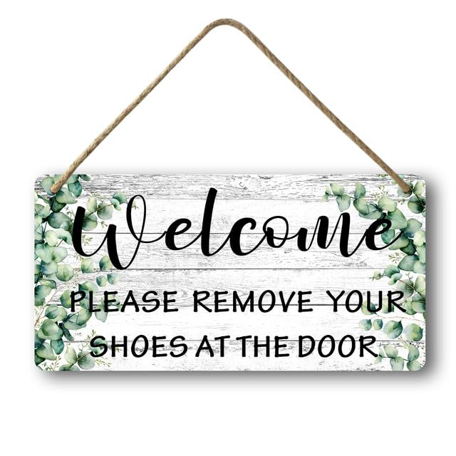 Soliyoahee Welcome Door Sign Welcome Remove Your Shoes Sign Take Off Your Shoes Wood Sign Runstic Wood Green Plant Plaque Sign Farmhouse Wall Decor