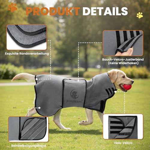 Pllozikami Hundebademantel, Mikrofaser Hundehandtuch Bademantel Hund Super Saugfähig, Schnell Trocknend, Verstellbare Klettverschluss-Schrumpfriemen für Große, Mittlere und Kleine Hunde - XL