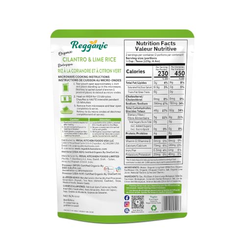 Image of Regganic Organic Cilantro & Lime Rice - USDA Organic Ready to Eat Rice, 8g Protein & 6g Fiber per Pouch, Microwave Rice Ready in 1.5 Minutes, Vegan Gluten-Free Non-GMO, 8.8 oz Pack of 6