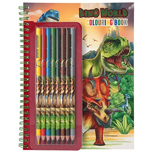 Depesche 11385 Dino World - Malbuch inklusive kleinem Stifte-Set aus 8 Buntstiften, einem Stickerbogen und vielen T-Rex, Dinosaurier und Dschungel-Motiven zum Ausmalen und Bekleben