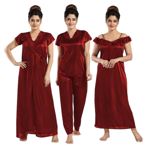 Women's Satin 4-Piece Nightwear Set, Red Nighty with Robe and Top Pyjama Set, Sleepwear-picture-53