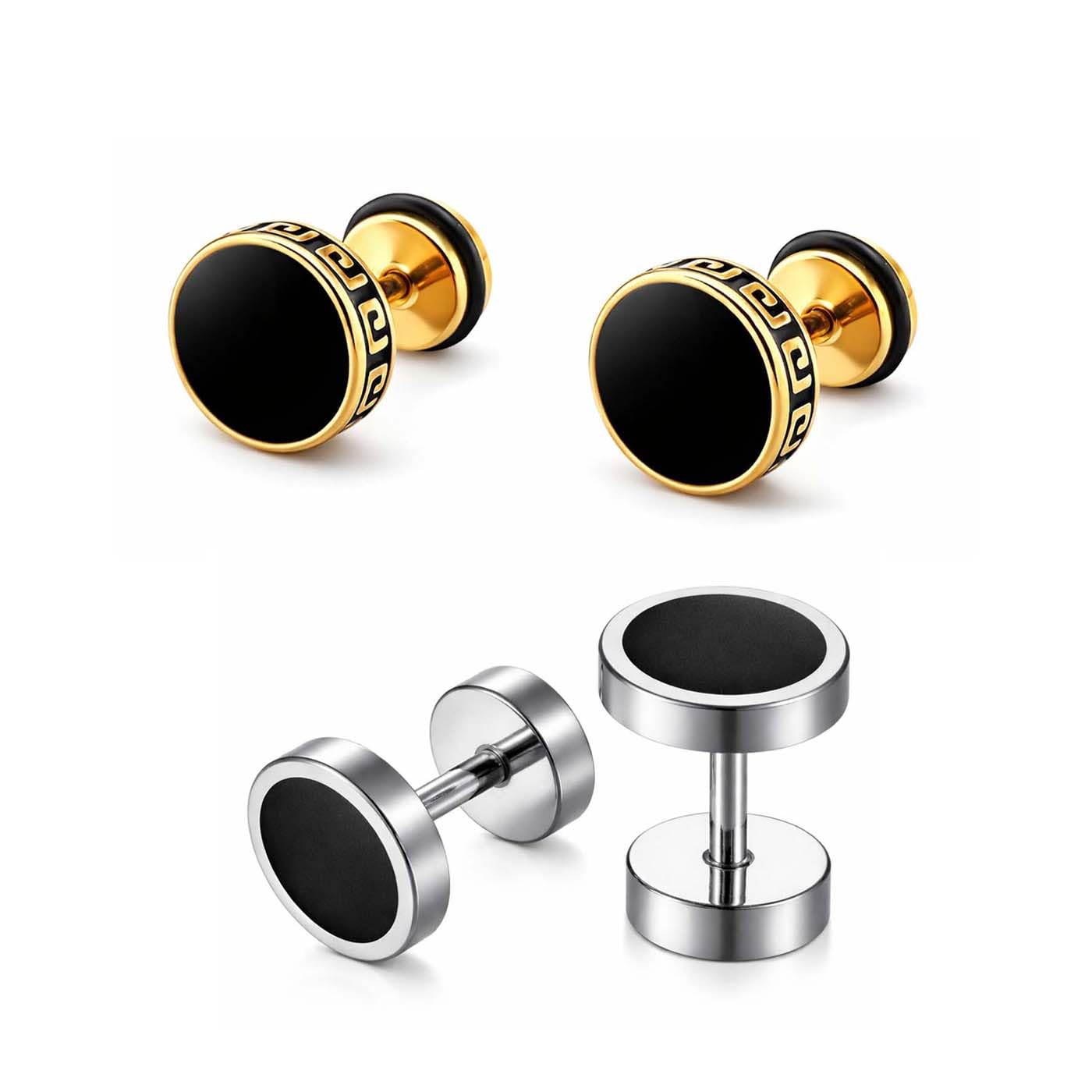 Combo of (2 Pair) Unisex Fancy & Stylish Stainless Steel Golden Glossy Finish Elegant Black Round Greek Pattern Design Dumbbell / Barbell Stud & Silver Glossy Finish Elegant Black Round Ear Piercing Earrings for Men & Women-image-28