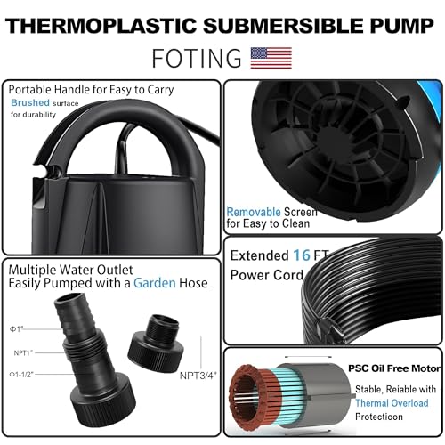 Image of FOTING Sump Pump 3 /4HP Dirty Submersible Water Pump,2400GPH Utility Pump Thermoplastic Electric Portable Transfer Water Pump for Swimming Pool Pond Basement with 16ft Power Cord, with Float Switch