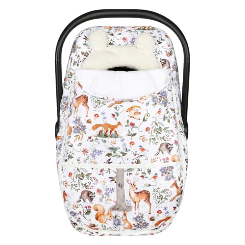 CARUILI Winter Car Seat Cover Baby Girl Boy, Warm & Windproof Infant Carseat Cover Canopy Protect Baby from Cold Weather, Plush Fleece, Woodland Animals