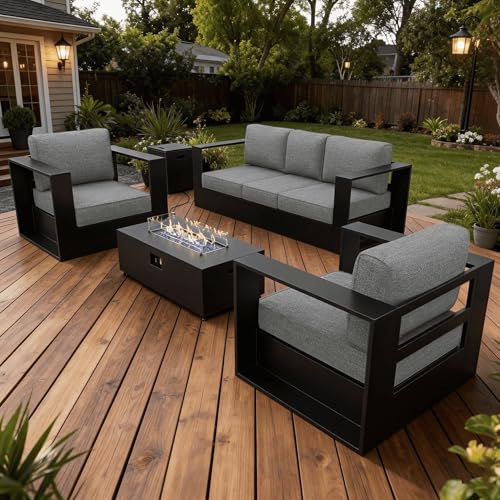 Image of LayinSun Oversized Aluminum Outdoor Furniture Set, 4 Piece Patio Sofa Sets with Fire Pit Table, Deep Seating and Upgraded 6-inch Cushions for Porch, Balcony, Deck