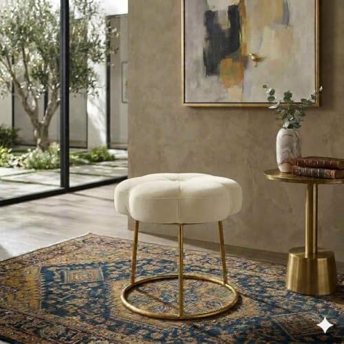 Image of Flower Ottoman Foot Stool for Bedroom and Living Room, Round Makeup Vanity Chair with Metal Legs and Soft Padded Seat-White