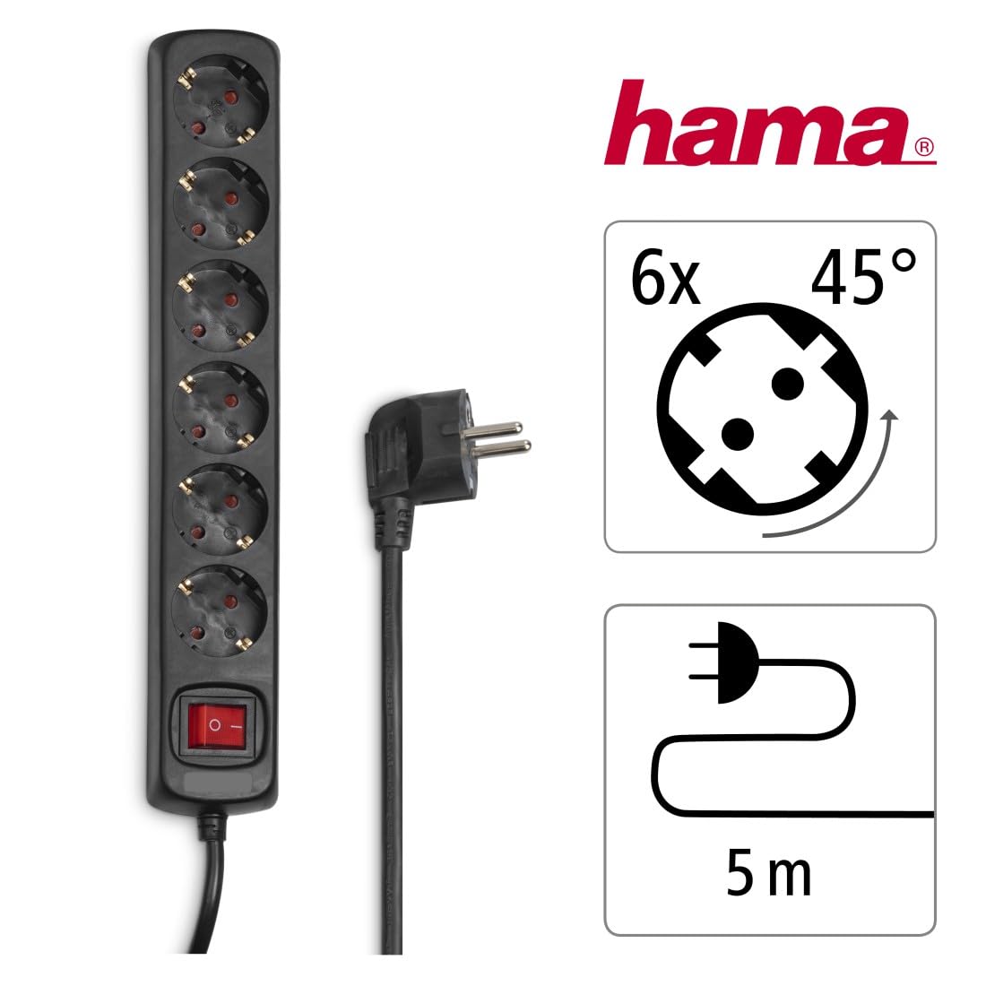 Hama | Regleta Negra de 6 Enchufes con Cable Extra Largo de 5m, Interruptor de Encendido, Base Múltiple con Seguridad Infantil, Tira de Enchufes para Montaje en Pared, 3680W - Negro (Paquete de 2)