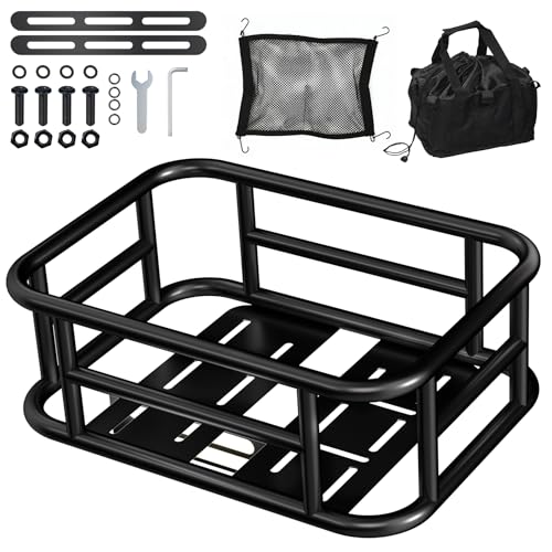 Bike Basket Rear 16.5 x 12.5 x 6 Inches Large Capacity Heavy Duty Pipe Bicycle Baskets w Removable Liner Cargo Net Waterproof Cover Ebike Accessories for Adult Bikes Electric Bike