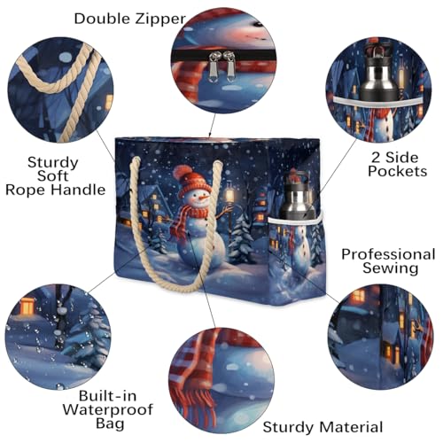 Large Beach Tote Bags for Women Snowman Winter Christmas Xmas Waterproof Sandproof Shoulder Bags Swim Pool Purse with Zipper Beach Vacation Essentials for Summer Swim Pool Travel Gifts3