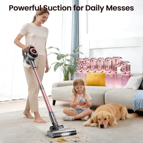 Image of Dzaki N1 Cordless Vacuum Cleaner, 400W 35KPa Cordless Vacuum Cleaner for Home, Cordless Stick Vacuum with LED Display, Anti-Tangle Self-Standing Rechargeable Stick Vacuum (Pink)
