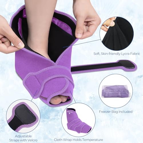 Image of KingPavonini Ankle Foot Ice Pack Wrap for Sprained Ankle /Surgery Recovery, Reusable Gel Ice Packs for Feet Injuries, Plantar Fasciitis, Achilles Tendonitis, Standard Size, Purple(1 Wrap+4 Gel Packs)