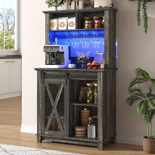 Image of 31.5 inch Wide Farmhouse Coffee Bar Cabinet with LED Light,Wine Bar Cabinet w /2 Storage Hutch,Kitchen Buffet Cabinet w /Sliding Barn Door & Wine and Glass Racks for Kitchen Dining Room(Dark Rustic Oak)