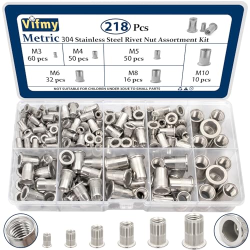 Image of Metric 304 Stainless Steel Rivet Nut Assortment Kit(218 Pcs),M3 M4 M5 M6 M8 M10 Flat Head Rivnut Set,Rivnut Threaded Insert Nut