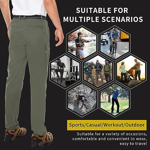 Noukow Men's Outdoor Hiking Pants, Quick Dry Lightweight Tactical Pants, Water Resistant Stretch Fishing Pants With 6 Zip Pockets & Belt Army Green #TOP1