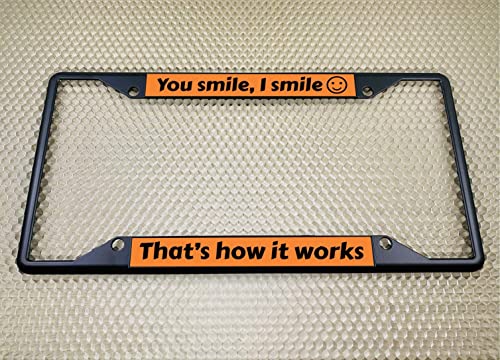 Image of Personalized with Custom Text Design - 4 Hole Black Metal Laser Engraved US Standard Size - Car License Plate Frame with Free caps - Orange /Black Text (Qty: 1 Frame)