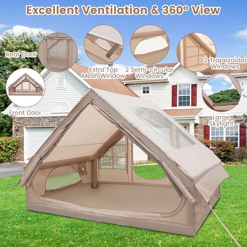 COSTWAY Inflatable Camping Tent, Waterproof 4-Season Blow-up Air Tent with Pump, Mesh Screen Windows and 2 Doors, Easy Setup 4-6 People Windproof Luxury Cabin Tents for Family (296 x 206 x 202 cm) - Image 3
