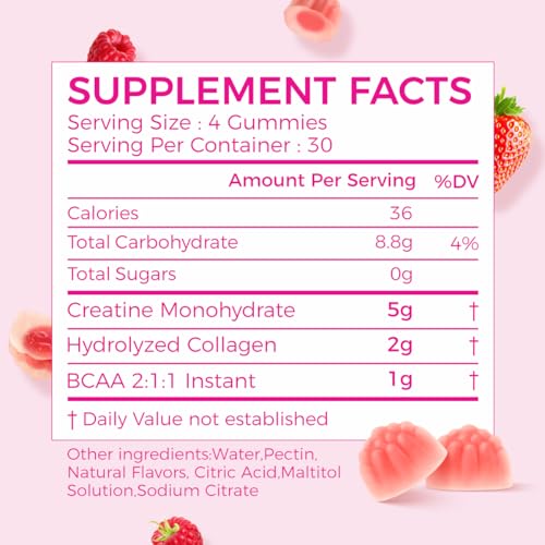 AiVital™ Creatine Gummies for Women, 5000mg Creatine Monohydrate for Women+2000mg Collagen+1000mg BCAAs, Supports Lean Muscles & Booty, No Sugar, 30 Serving, 120 Counts, Berry Flavor,