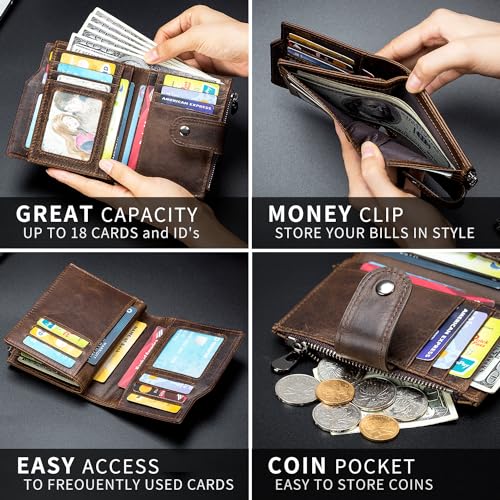 Large Capacity Wallets for Men RFID Blocking Men Wallet Leather with Coin Pocket, 18 Card Slots, Flap ID Window, Coffee4
