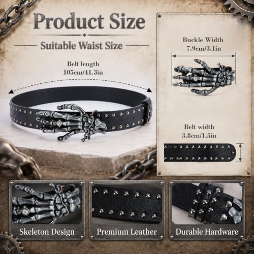 Buy GUSTAVE® Leather Skull Buckle Belt Gothic Punk Biker Waistband | Featuring 3D Skeleton Hand Buckle and Metal Rivets, Black Faux Leather Strap for Jeans, Biker Outfits and Y2K Style at Amazon.in - Image 3