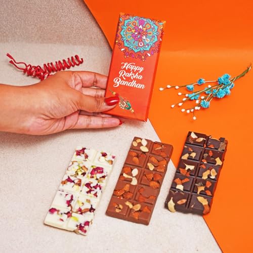 Image of Velvet Fine Chocolates Rakhi Themed Bars | Assorted Chocolate Flavors & Evil Eye Rakhi | Handcrafted Delights | Pack of 1