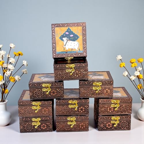 Image of Handcrafted Wooden Jewellery Box with Copper Finish (4 x 4 in) Pack of 10 | Copper finish Oxidized Pichwai Cow Design| Decorative Organizer for Women | Wedding Festive Gifting | Marigold Gold