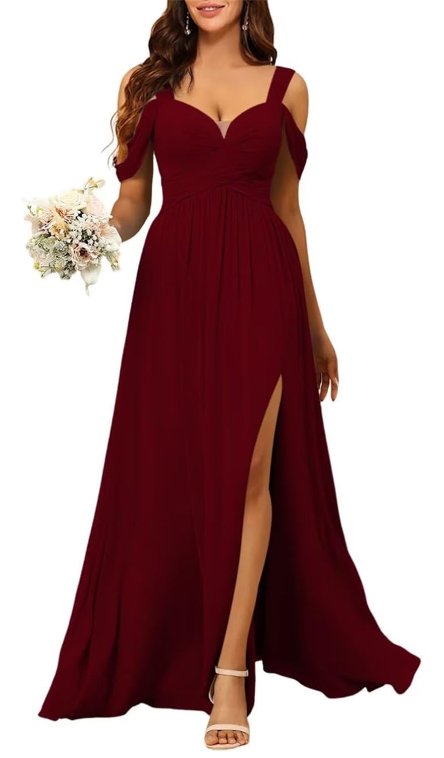 YIANN Long Chiffon Bridesmaid Dresses Burgundy with Slit for Wedding A Line Long Cold Shoulder Summer Formal Dress UK22