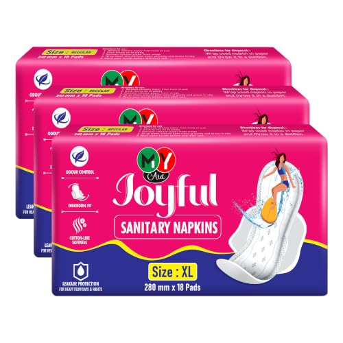 Image of Joyful Sanitary Napkins for Women | Cotton Soft, Super Absorbent, Odour & Rash Free, Leak-Proof Pad for Heavy Flow, Overnight Protection & Travel, Xl, 54 pads, Pack of 3