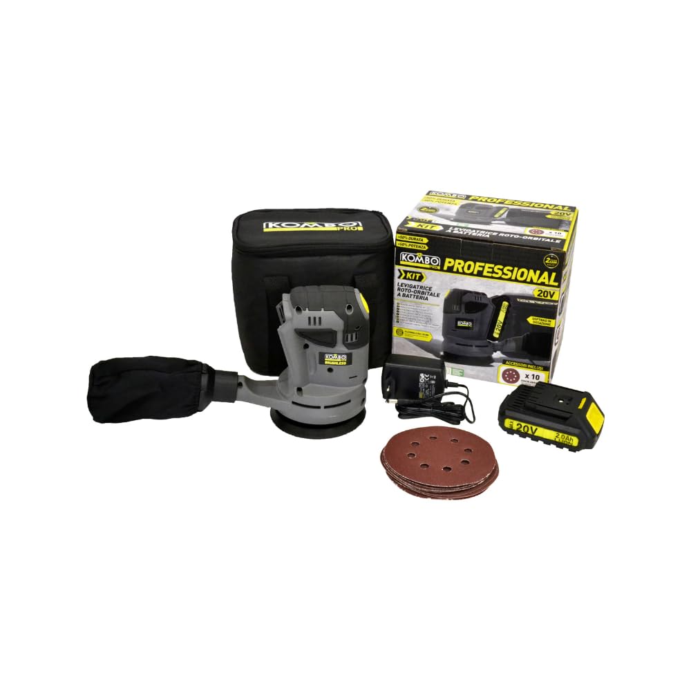 KOMBO Pro – Lijadora roto-orbital sin escobillas de 20 V, diámetro de 125 mm, 11.000 rpm, motor de cobre, bolsa de polvo, Soft Grip, 10 hojas abrasivas, batería 2.0 Ah y cargador incluidos