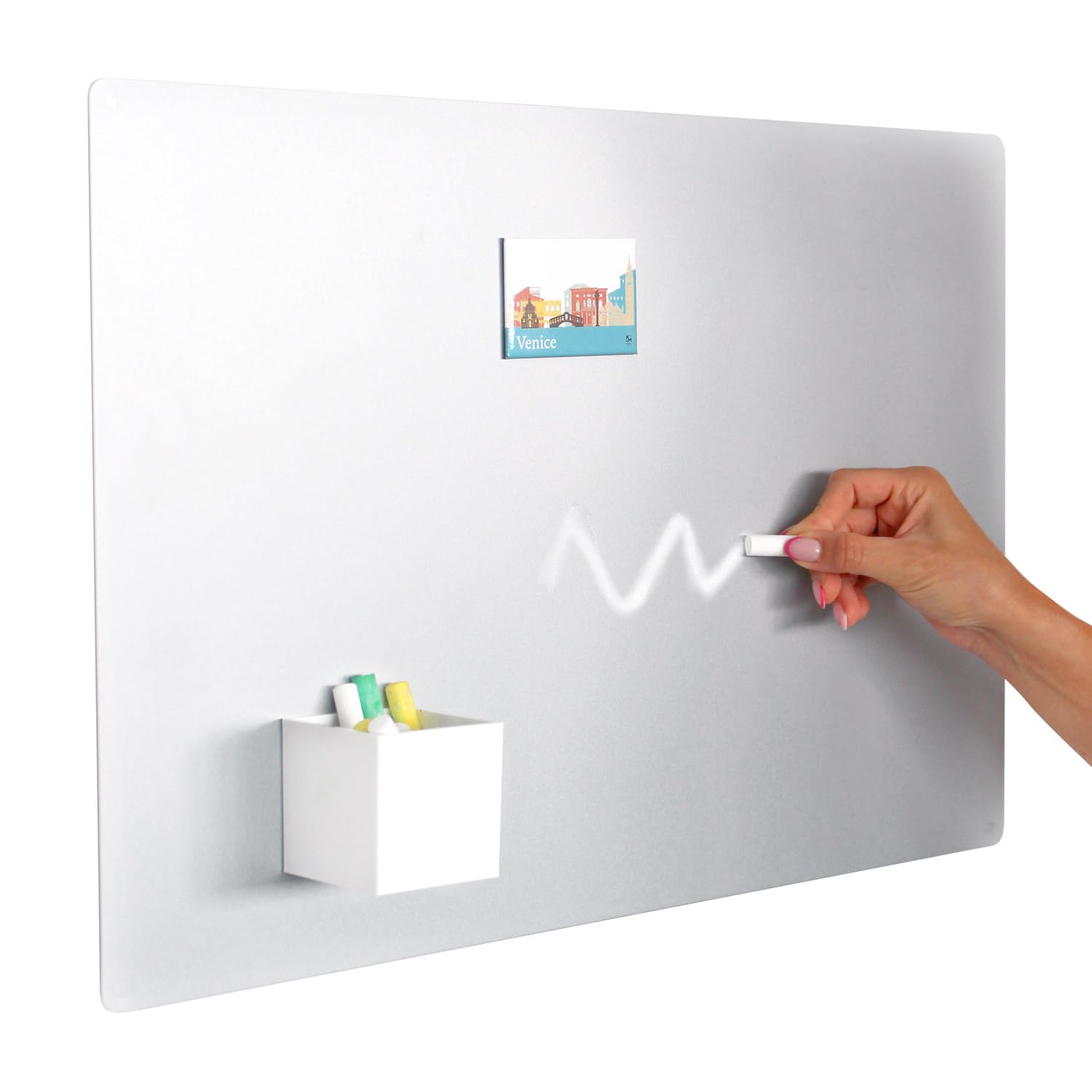 Kalamitica Silver - Magnetic Chalkboard For Wall - Steel Chalk Board, Writable With Chalk And Erasable, Magnet Board For Fridge Magnets - (Light Grey), 56X38 Cm