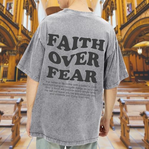 Image of Christian Shirts for Men Faith Over Fear Oversized Shirt Acid Wash Tshirt Graphic Religious T Shirt Bible Verse Tees