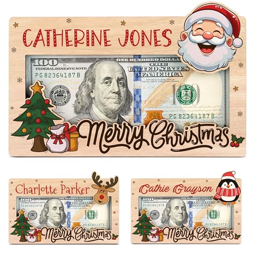 UNITED CRAFT SUPPLIES Personalized Wooden Cash Holders for Christmas, 12 Xmas Themes, 3 Fonts, Customize Money Holders for Gifts