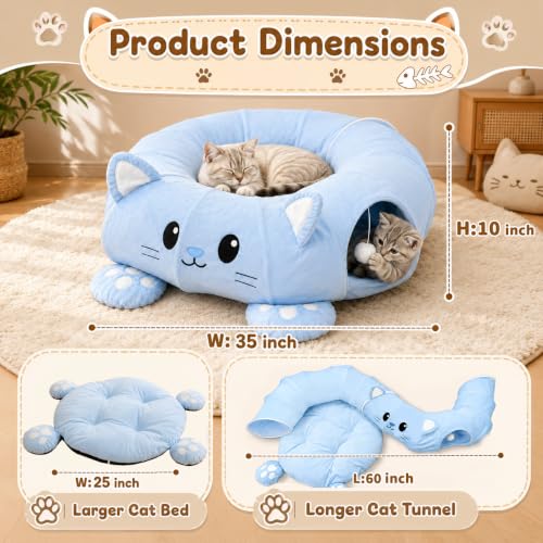 Cat Tunnel Bed with 21 Interactive Toys | Kitten Bed with Collapsible Tunnel for Indoor Cats, Cute Play Tube with Enrichment Toys (Blue, Kitten Pattern) - Image 5