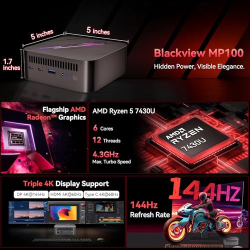 Image of Blackview MP100 Mini PC AMD Ryzen 7430U, Up to 144Hz (DP+HDMI+Type-C) 3 Display Desktop PC, 16GB RAM 512GB SSD (Up to 8TB), Win-11 Pro, WiFi 6 /BT 5.2 for Home Office