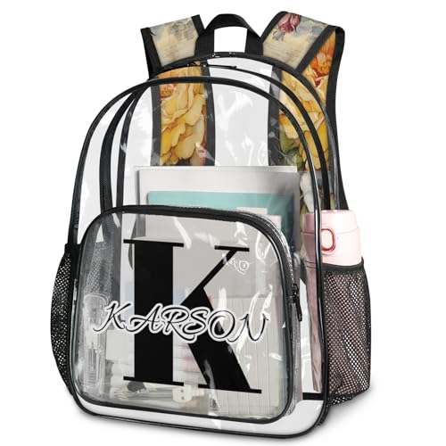 Personalized Large Clear Backpack Stadium Approved Heavy Duty PVC Plastic Custom Vintage Floral Transparent Backpacks See Through Bag with Name, Flower Butterfly