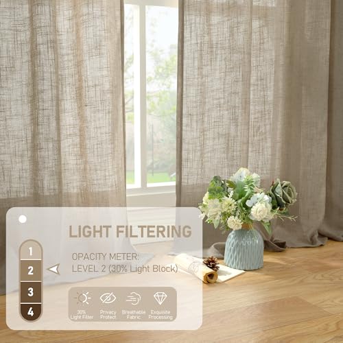 LAMIT Taupe 72 inch Linen Curtains for Living Room 2 Panels, Linen Textured Light Filtering Semi Sheer Back Tab and Rod Pocket Curtain Panels for Bedroom/Farmhouse, 52 x 72 Inch