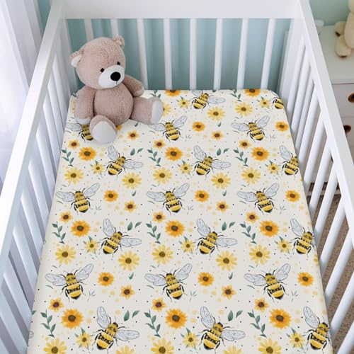 Image of Watercolor Bees Boho Sunflowers Leaves Baby Crib Sheets for Boy and Girl 52 inchx28 inch Bees Retro Floral Crib Mattress Sheet Soft Breathable Baby Bed Sheets for Standard Crib and Toddler Mattresses