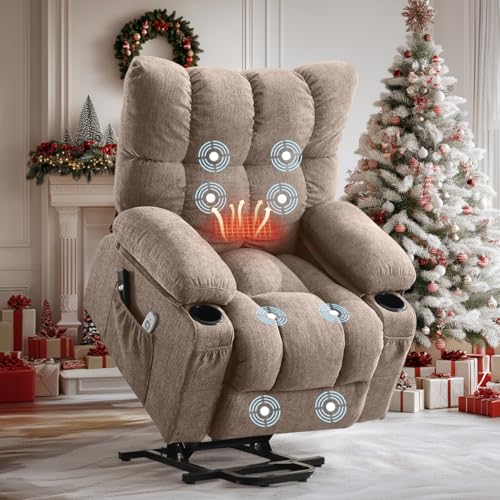 Image of BOSMILLER Power Lift Recliner Chair with Massage and Heat for Elderly, Electric Recliner Single Sofa with Two Cup Holders, Extended Footrest, Side Pocket and USB Charge Port for Living Room