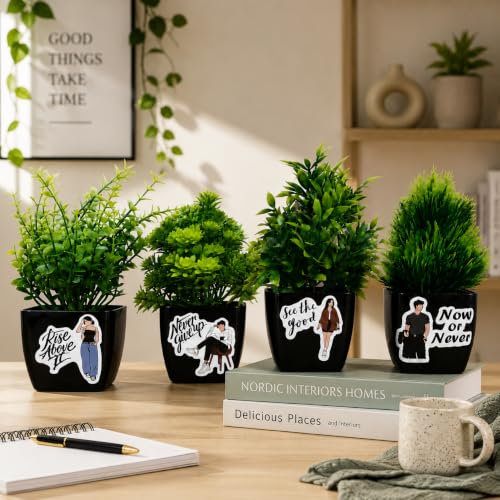 Image of Artificial Plant with Pot (Pack of 4) | Motivational Pots Small Faux Plants for Home, Office Desk, Bedroom, Living Room, Study Table & Shelf Decor