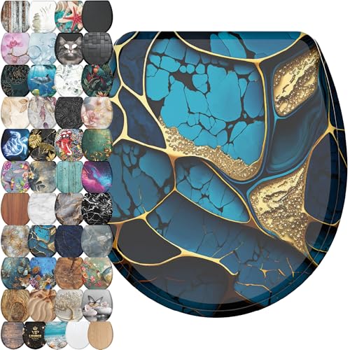 Image of Sanilo Wooden Toilet Seat with Quick Release & Soft Close [ROUND] - Decorative & Slow Close Molded Wood Seat - With One Click for Easy Installation & Cleaning - With Adjustable Fit (Marble Cobalt)