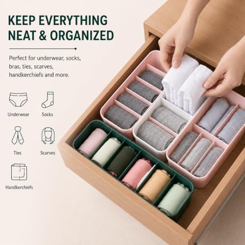 Image of MARKWELL Plastic Drawer Organizer Set of 6 for Underwear, Socks, Bras, Scarves & Ties | Stackable Closet Storage Boxes for Wardrobe, Drawer, Dresser & Cabinet | Multicolor