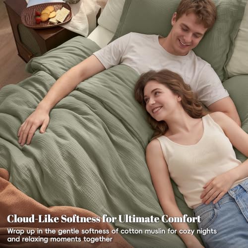 Image of PHF Cotton Muslin Comforter Set Queen, Ultra Soft Breathable, Dusty Sage
