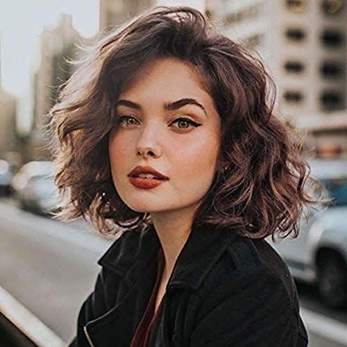 Short Brown Wig Ombre Brown Black to Brown Wig with Bangs Natural Looking Bob Curly Wig Synthetic Short Brown Wig with Bangs for Women