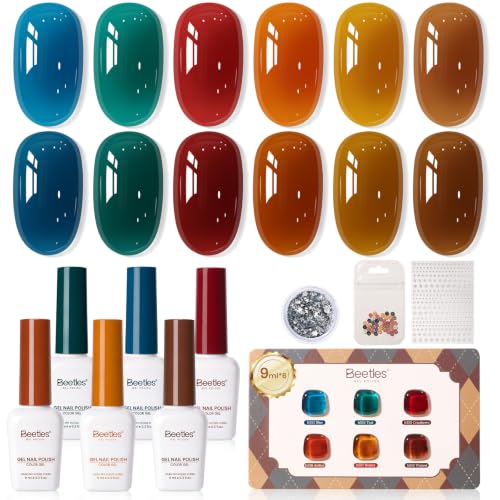 Image of Beetles Jelly Gel Nail Polish Set, Retro Glaze 6 Colors Fall Gel Polish | 9ML Amber Brown Blue Teal Burgundy Red Orange Sheer Gel Polish Kit with DIY Color Card Nail Charms Buttons Glitter for UV