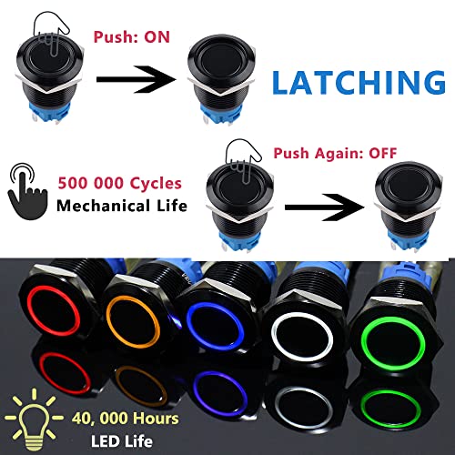 Image of 2PCS 19mm Metal Waterproof Anti-Vandal Latching Push Button Switch Self-locking black Shell with Pre-wired Socket Plug for 3 /4 inch Mounting Hole 12V-24V ON OFF 5Pins 1NO 1NC Halo Ring LED Light Blue