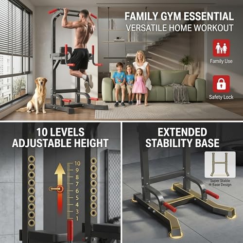 Image of Power Tower Pull Up Bar Dip Station, Free Standing Pull Up Rack Dip Station for Home Gym, 10-Level Adjustable Height Pull Up Bar Stand Dip Bar Strength Training Workout Equipment