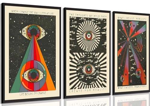 ANVOTIG 3pcs Retro Hippie Wall Art, 70's Psychedelic Eyes Art Posters, Inspirational Quote Canvas Painting Pictures Prints Wall Decor for Bedroom Living Room Apartment Teen Dorm Home 12x16in Unframed