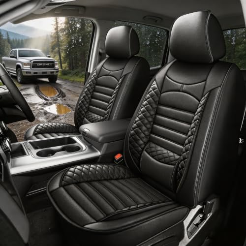 Image of Custom For Dodge Ram 1500 Seat Covers 2500 3500 2026 2025 -2002 Full Set | Truck Seat Covers Premium Leather Quad Crew Cab Big Horn Laramie Tradesman Limited Curved Bench(5 Seat,Black)