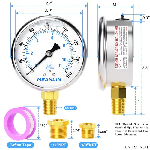 Image of MEANLIN MEASURE 0~160Psi Stainless Steel 1 /4 inch NPT 2.5 inch FACE DIAL Liquid Filled Pressure Gauge WOG Water Oil Air Lower Mount, with 1 /2 inch NPT and 3 /8 inch NPT Hex Bushing