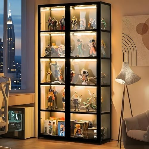 Scribora Standvitrine mit Acrylglas, 5 Böden Glas Vitrinenschrank, Dreiseitiger Transparenter Geschirrschrank, Bücherschrank mit Türen, für Wohnzimmer,Schlafzimmer,Büro (Schwarz doppelt offen)